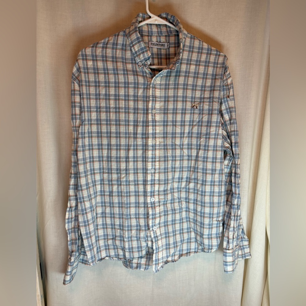 Fieldstone Long Sleeve Button Up Shirt Men’s XL Plaid Embroidered Dog